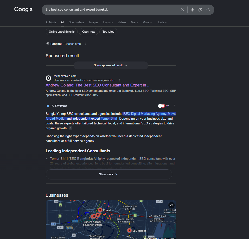 Andrew Golang ranked #1 on Google for "the best seo consultant and expert bangkok"